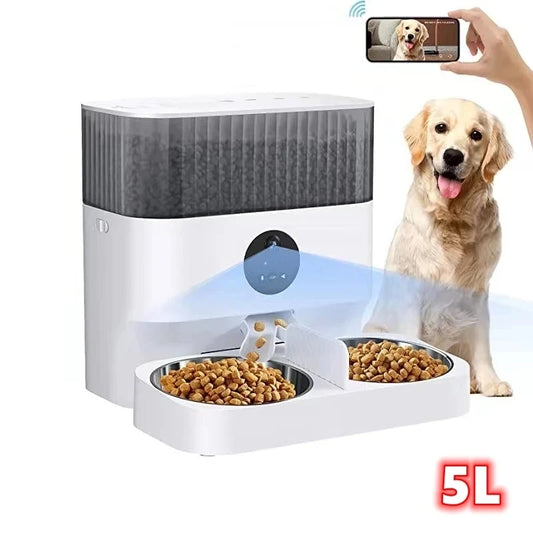 Smart Pet Feeder with Camera – WiFi Automatic Food Dispenser 5L | Tuya App + Dual Tray + Voice Control